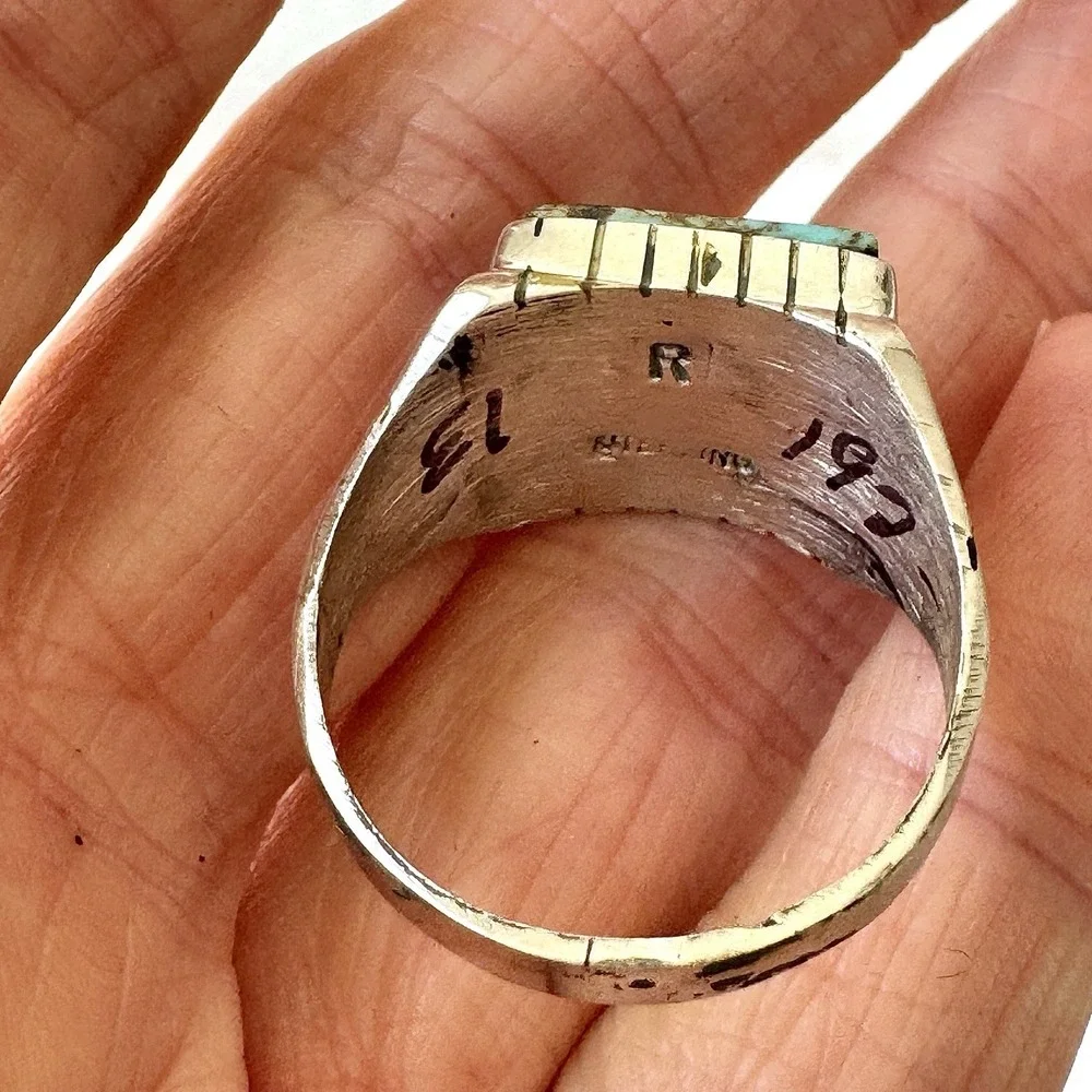 Navajo Turquoise Mens Ring Sz 13 Rectangle Signed Jack‎ Sterling 14mm Cracked